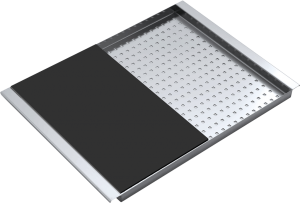 Stainless steel perforated bowl cover with black HPL chopping board